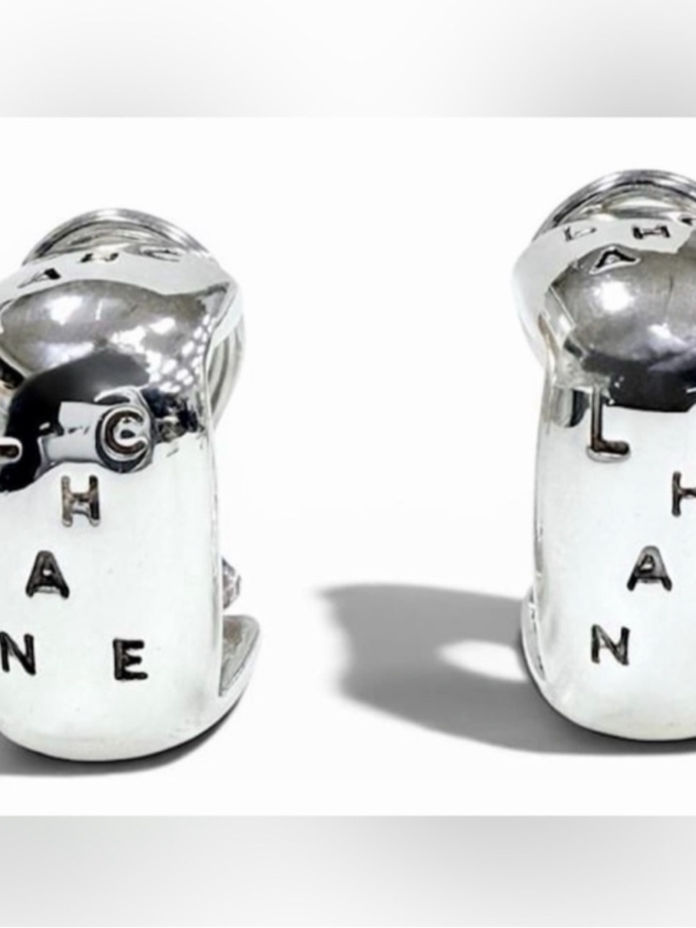 CHANEL Vintage 90s Square Hoop Earrings Silver Tone Statement